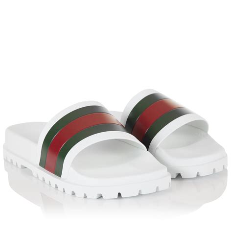 White Gucci Web Rubber Slide Sandals 